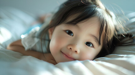 Happy Asian Toddler Resting on Bed, Radiating Joyful Serenity
