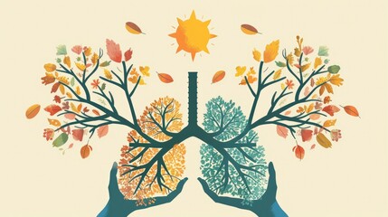lungs made of tree branches and leaves, hands holding each other in a fist pose, sun rising above them, vector illustration, flat design