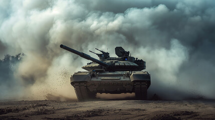 An armored battle tank charges through a cloud of dust in a display of military power and urgency - obrazy, fototapety, plakaty