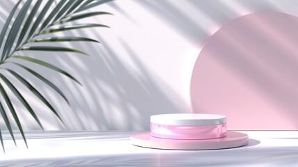realistic 3d cylinder pedestal podium with pastel yellow, blue and pink in semi circle backdrop. Abstract vector rendering geometric platform. Product display presentation. Minimal scene.