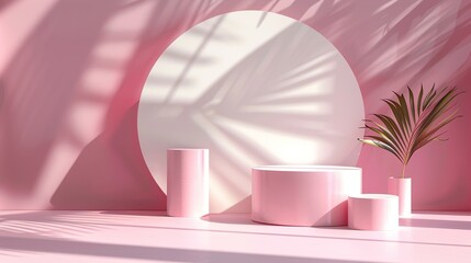 realistic 3d cylinder pedestal podium with pastel yellow, blue and pink in semi circle backdrop. Abstract vector rendering geometric platform. Product display presentation. Minimal scene.