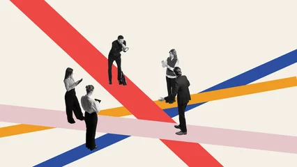 Gartenposter Employees standing on multicolored lines, engaged in discussions and debates, symbolizing dynamic exchange of ideas. Contemporary art collage. Concept of business, teamwork, critical thinking © master1305