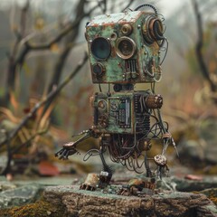 A retro robot mechanic assembling robots from junk in a post apocalyptic setting