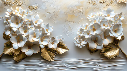 Three-dimensional oil by painting, beautiful Japanese Hydrangeas with River made from metal , white and gold, minimalist style