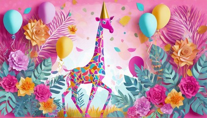 Pink colourful fantasy giraffe walking with a gold party hat on, paper palm leaves,balloons,against a pink background, ideal for baby nursery,childrens decor or educational material