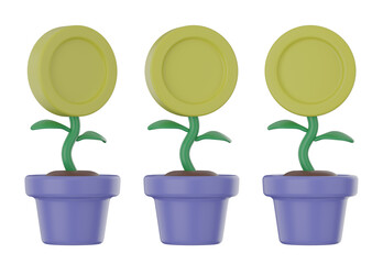 set of 3d money tree with transparent background, PNG, 3d render coin tree, blue money tree