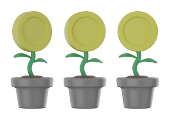 set of 3d money tree with transparent background, PNG, 3d render coin tree, gray money tree