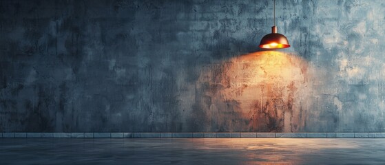 A table lamp illuminating a room against a dark blue wall. Banner with copy space. - obrazy, fototapety, plakaty