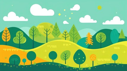 Obraz premium illustration of trees and bushes in the style of flat design, green mountains with a yellowish teal background, colorful, bright colors
