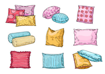Sketch bed pillows with textile patterns, doodle sleeping accessories