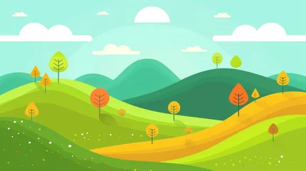 Poster illustration of trees and bushes in the style of flat design, green mountains with a yellowish teal background, colorful, bright colors © PicTCoral