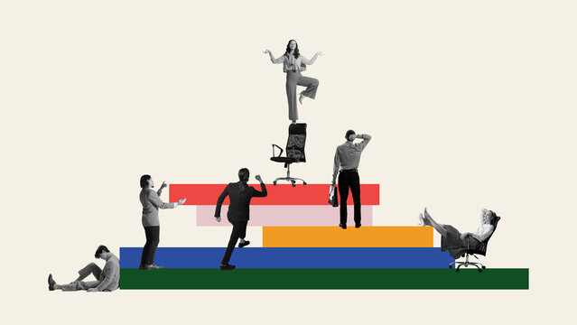 Employees on multicolored blocks depicting various work-related postures and expressions. Contemporary art collage. Corporate hierarchy and career progression. Business, ambitions, promotion concept