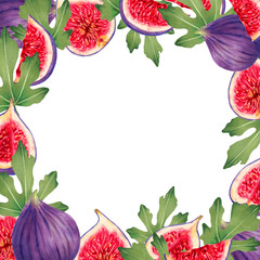 Fototapeta na wymiar Square frame of whole figs and pieces with leaves. Botanical illustration with watercolors and markers.Tropical berries background with space for text.Hand drawn isolated art.For food,juice packaging