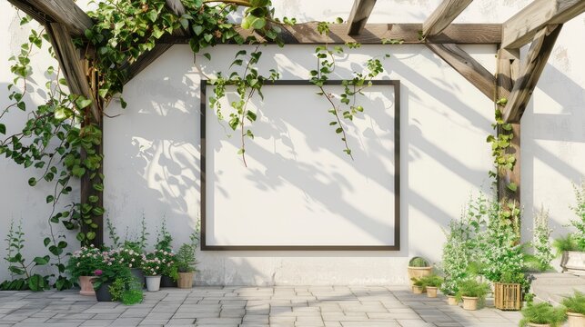 white frame background, a small black poster mockup on a white wall, green vines and flowers climbing up the sides of a modern wood structure with a hanging grape vine