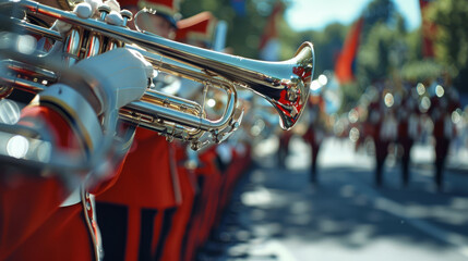 Marching band with golden trumpets in parade, vibrant red uniforms, American flags