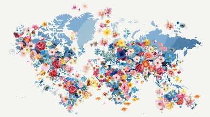 World map made of flowers in a flat illustration with a white background, using simple design, flat color blocks in blue tones
