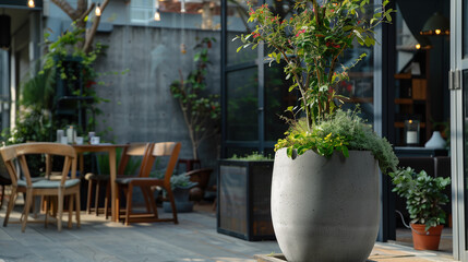 A large gray planter with plants sits in front of a table in the courtyard. The patio is decorated with several chairs and a dining table. The scene looked attractive and peaceful. along with the Gree