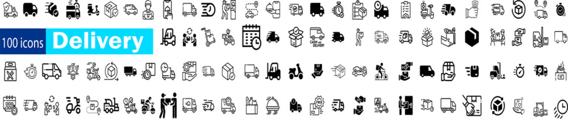 Set of 100 delivery icons isolated on white background. Big set Icons collection in trendy,...