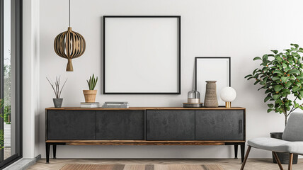 A mockup of an empty blank poster frame on the wall above a sideboard in a modern farmhouse style interior design