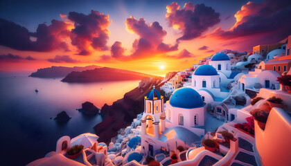 Mesmerizing Photo Real of Santorini Sunsets in Greece with Iconic Blue Domes and Sky Painted by the Sun in Famous Location - Beautiful Protograph Theme - obrazy, fototapety, plakaty