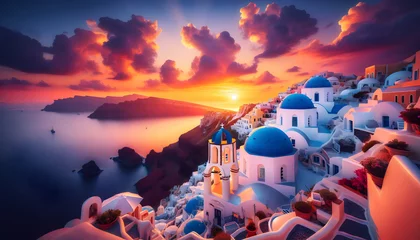 Fototapeten Mesmerizing Photo Real of Santorini Sunsets in Greece with Iconic Blue Domes and Sky Painted by the Sun in Famous Location - Beautiful Protograph Theme © Gohgah