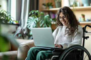 Smiling disability woman in wheelchair work on laptop at home. Technology and lifestyle concept - obrazy, fototapety, plakaty