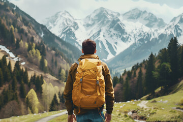 Rear view of backpacker man enjoying beautiful view. Travel and holiday concept - obrazy, fototapety, plakaty