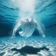 Naklejka premium Commercial ad for washing machine or detergent showing clothes like shirts and dresses being cleaned underwater with bubbles and splashes.
