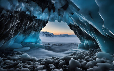 Icelandic ice cave adventure, brilliant blue ice, otherworldly, cold, stark beauty