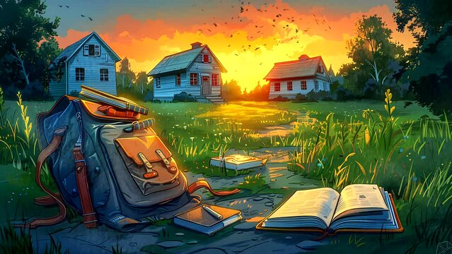 school supplies such as books, pencils and backpacks on the grass in front of the beautiful house. Seamless looping 4k time-lapse video animation background 