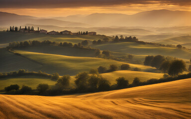 Fototapeta na wymiar Rustic Tuscan hills at sunrise, golden fields, peaceful, picturesque Italian countryside