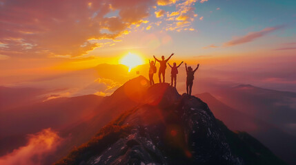 A group of people were standing on the top of a mountain. with the sun setting behind them The scene is one of triumph and success as the group reaches the summit. - obrazy, fototapety, plakaty