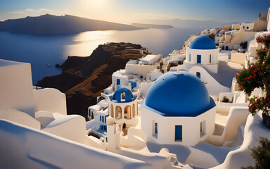 Santorini sunset, white Cycladic houses, bright blue domes, calm Aegean Sea, dreamy Greek island