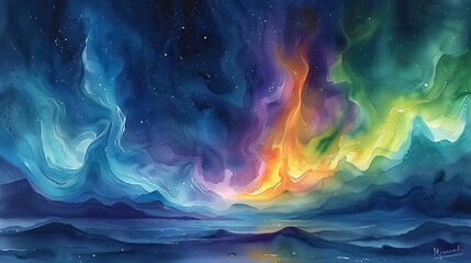 A watercolor interpretation of the Northern Lights, blending soft, flowing hues of green, purple, and blue to mimic the gentle undulation of the aurora in the winter sky. - obrazy, fototapety, plakaty