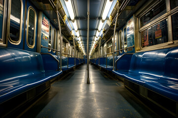 Fototapeta premium Empty subway car interior with red seats and metallic poles, illuminated by overhead lights, creating a moody atmosphere. Ideal for themes of urban transport, solitude, or city life.