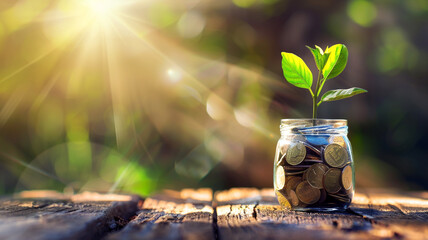 A glass jar filled with coins and a growing plant - obrazy, fototapety, plakaty