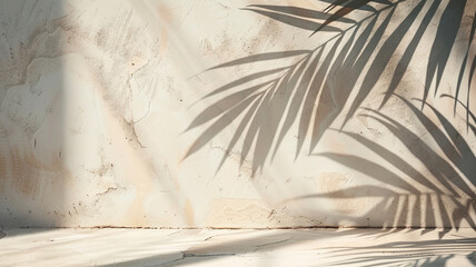Abstract background with shadow of palm leaf on a wall. - empty space for product presentation. - obrazy, fototapety, plakaty