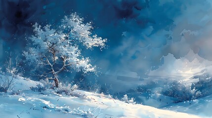 A watercolor painting that interprets the ethereal quality of frost, blending icy blue and white with subtle silver sparkles to create a dreamlike representation of winter's touch. - obrazy, fototapety, plakaty