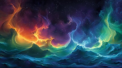 An abstract depiction of the Northern Lights, with ethereal flows of green, purple, and blue across a starlit night sky.