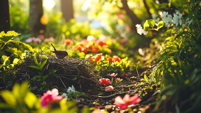 "A Charming Image of a Robin Nesting in a Lush Garden