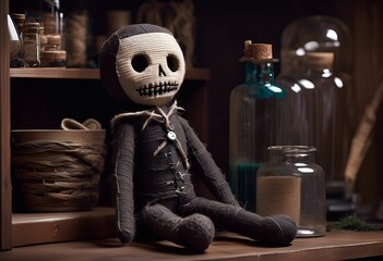 A voodoo doll made of burlap or canvas yarn sits against an apothecary shelf. With a skeleton face and dark body, it exudes an eerie aura.