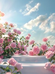 A charming pink podium decorated with elegant roses set against a soft blue sky with scattered clouds, ideal for product display.