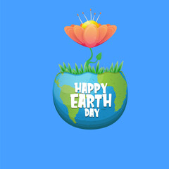 cartoon World earth day greeting card or banner with earth globe isolated on blue sky background. Vector World earth day concept poster illustration with planet Earth isolated on green background