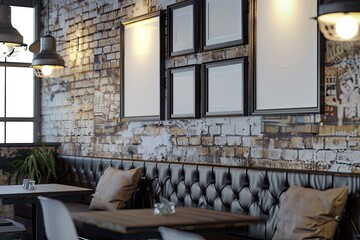 Mockup of blank frame in loft coffee shop interior, industrial style interior of cafe - grunge textured walls, houseplants and wooden tables, minimalistic design, AI generated