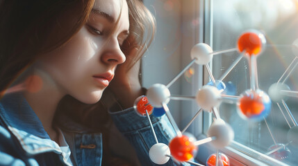 Contemplative Young Woman with Molecular Structure, Conceptual Portrait - obrazy, fototapety, plakaty