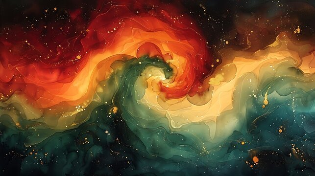 An abstract watercolor painting of festive flicker, where the fluidity of watercolors creates mesmerizing swirls in red, green, and gold.