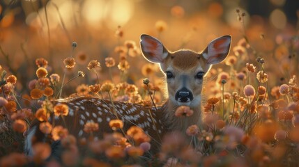 Exploring the serene beauty of spring with fawns and wildflowers, taking gentle steps into the new season's embrace. - obrazy, fototapety, plakaty