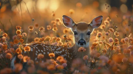 Fotobehang Exploring the serene beauty of spring with fawns and wildflowers, taking gentle steps into the new season's embrace. © Manyapha