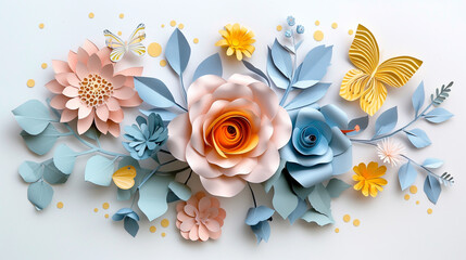 Artistic Paper Flowers and Butterflies Composition, Elegant Craftsmanship