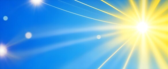 Blue sky with sun rays background banner. Sun shining through the clouds.